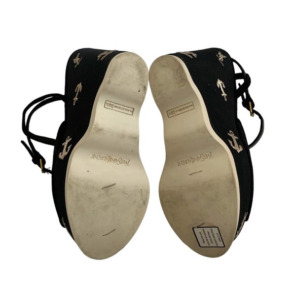 Saint Laurent Suede Cassandra Logo Ankle Strap Wedge - 8 US, Black fits 7.5 US - Picture 8 of 16